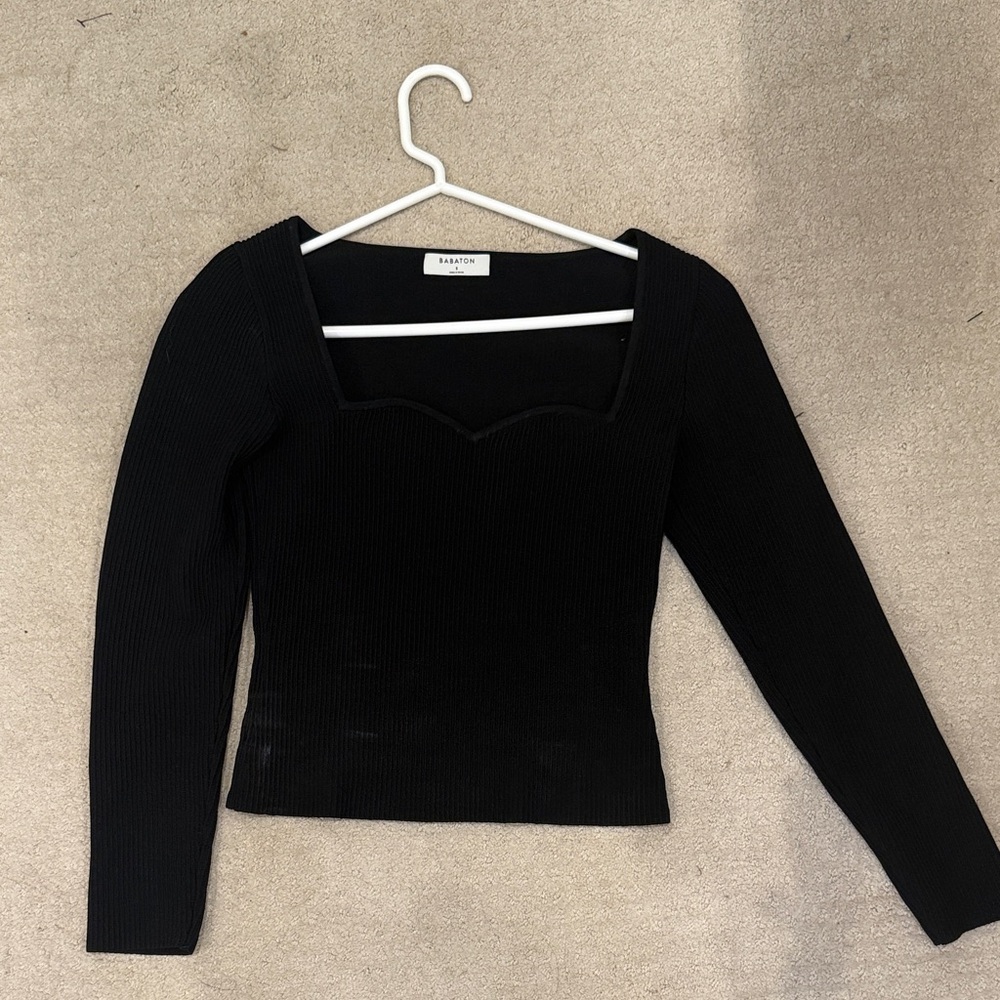 Babaton Black Ribbed Square Neck Blouse